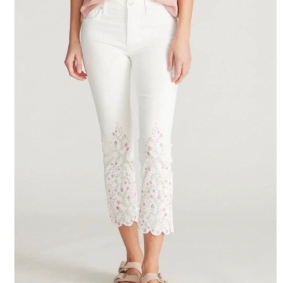Driftwood Candace White Cropped Jeans Floral Embroidered Scalloped Hem Sz 30/25